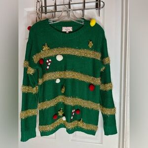 Merry Christmas Poof NY Super Ugly Sweater Women’s Large Dangle Pom Pom Sparkly